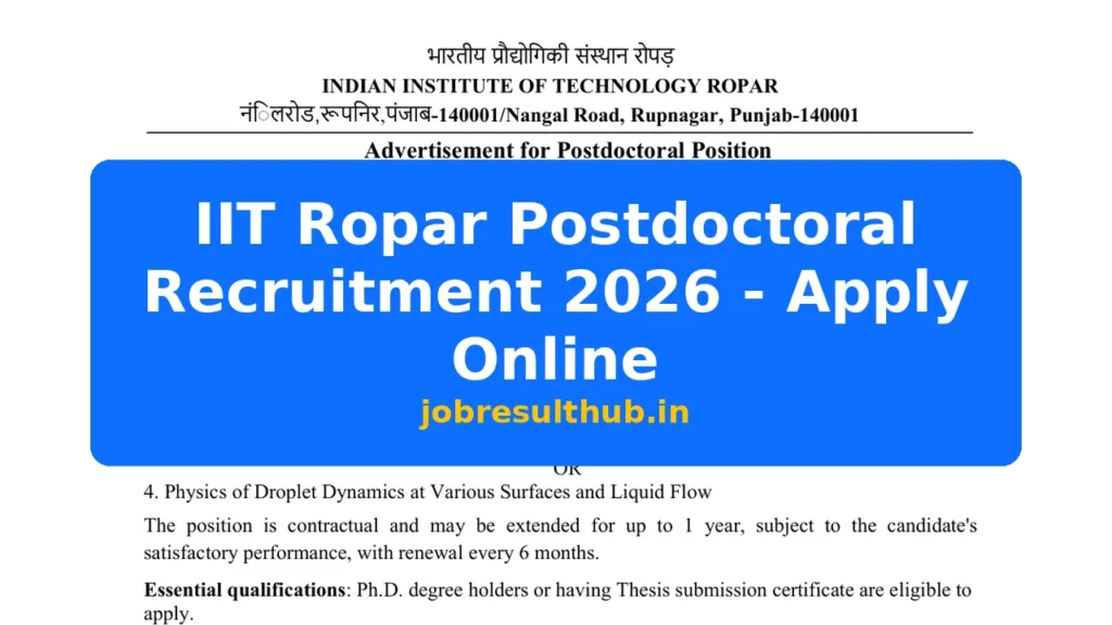 IIT Ropar Postdoctoral Recruitment 2026 - Apply Online - 2026 Posts