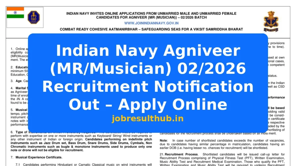 Indian Navy Agniveer (MR/Musician) 02/2026 Recruitment Notification Out – Apply Online - 1 Posts