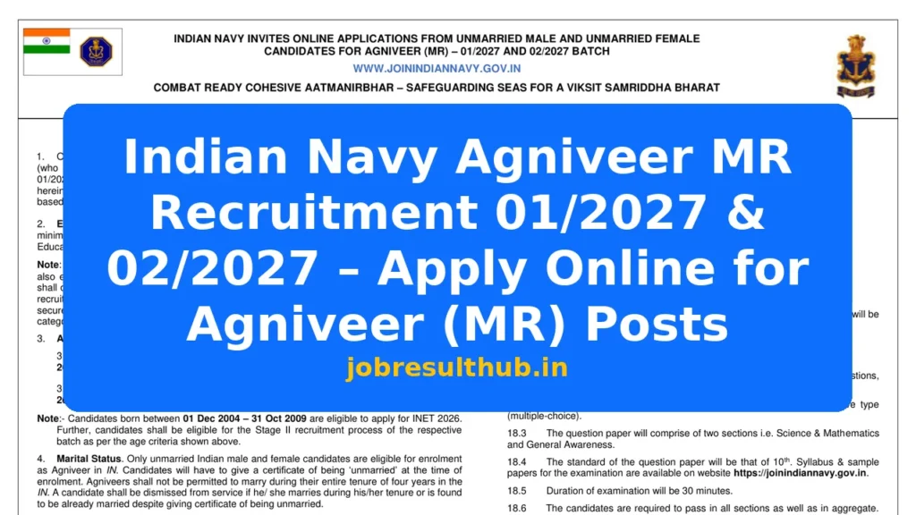 Indian Navy Agniveer MR Recruitment 01/2027 & 02/2027 – Apply Online for Agniveer (MR) Posts - 2026 Posts