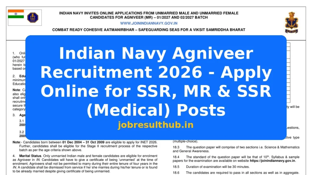 Indian Navy Agniveer Recruitment 2026 - Apply Online for SSR, MR & SSR (Medical) Posts - 2026 Posts