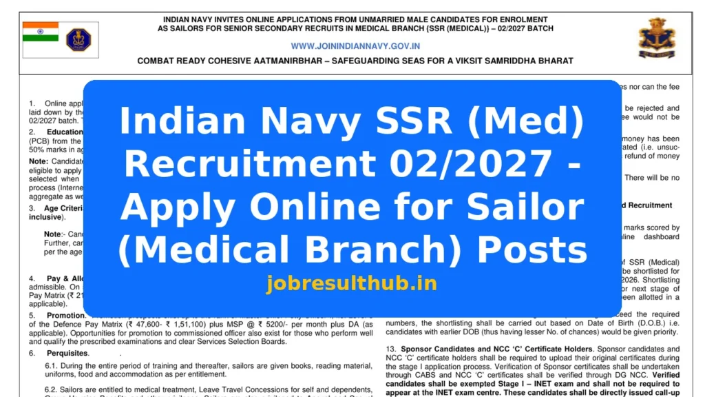 Indian Navy SSR (Med) Recruitment 02/2027 - Apply Online for Sailor (Medical Branch) Posts - 2026 Posts
