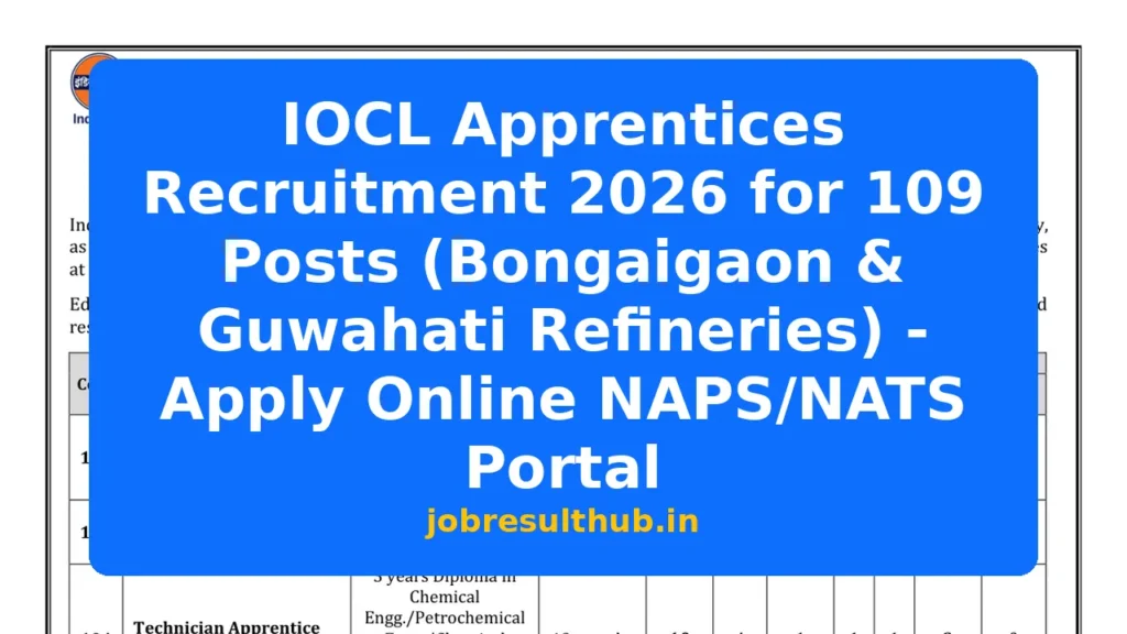 IOCL Apprentices Recruitment 2026 for 109 Posts (Bongaigaon & Guwahati Refineries) - Apply Online NAPS/NATS Portal - 109 Posts