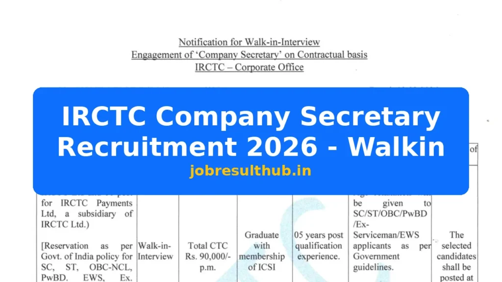 IRCTC Company Secretary Recruitment 2026 - Walkin - 2026 Posts