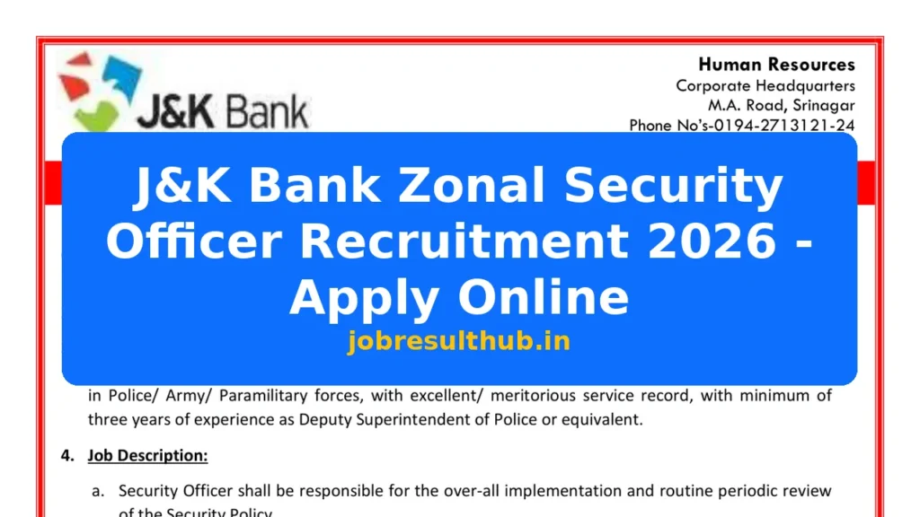 J&K Bank Zonal Security Officer Recruitment 2026 - Apply Online - 2026 Posts