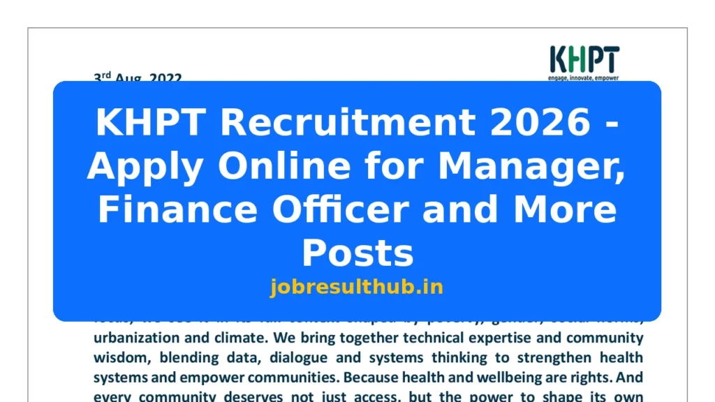 KHPT Recruitment 2026 - Apply Online for Manager, Finance Officer and More Posts - 2026 Posts