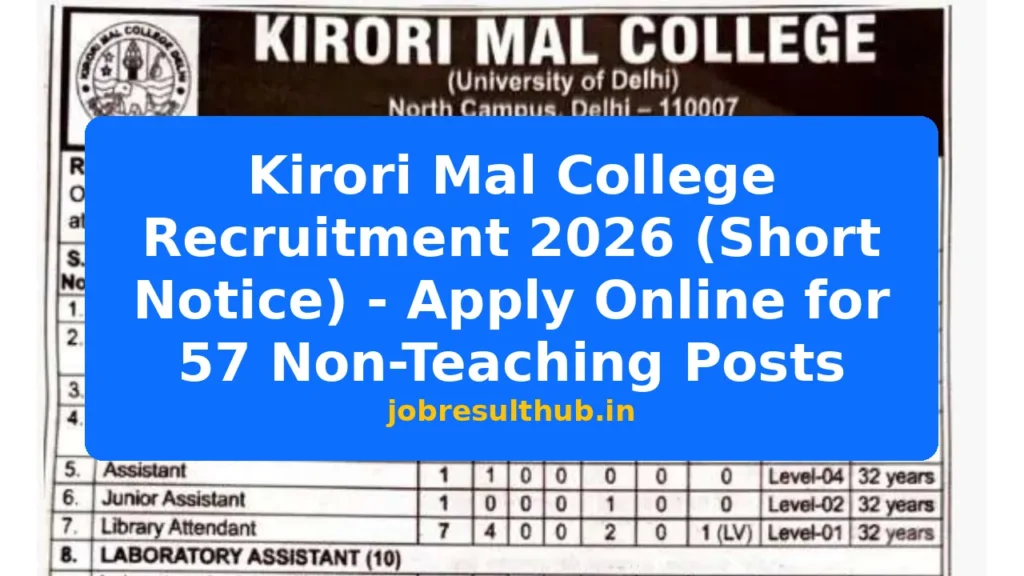 Kirori Mal College Recruitment 2026 (Short Notice) - Apply Online for 57 Non-Teaching Posts - 2026 Posts