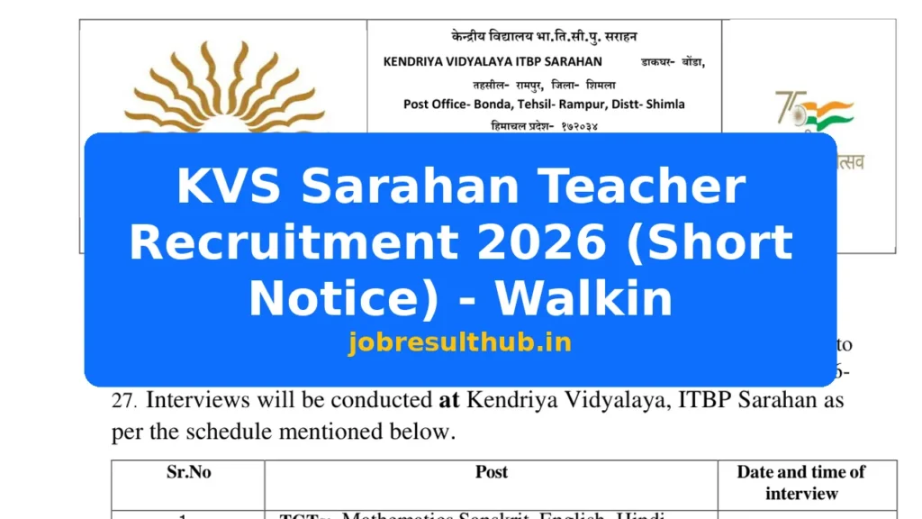 KVS Sarahan Teacher Recruitment 2026 (Short Notice) - Walkin - 2026 Posts
