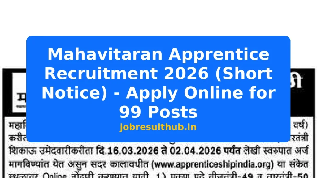 Mahavitaran Apprentice Recruitment 2026 (Short Notice) - Apply Online for 99 Posts - 99 Posts