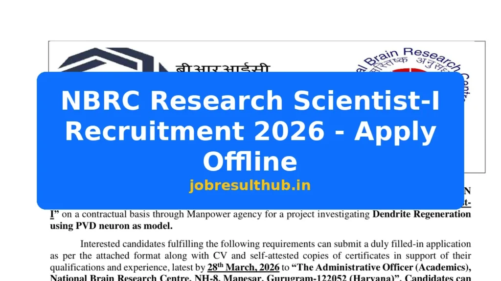NBRC Research Scientist-I Recruitment 2026 - Apply Offline - 2026 Posts