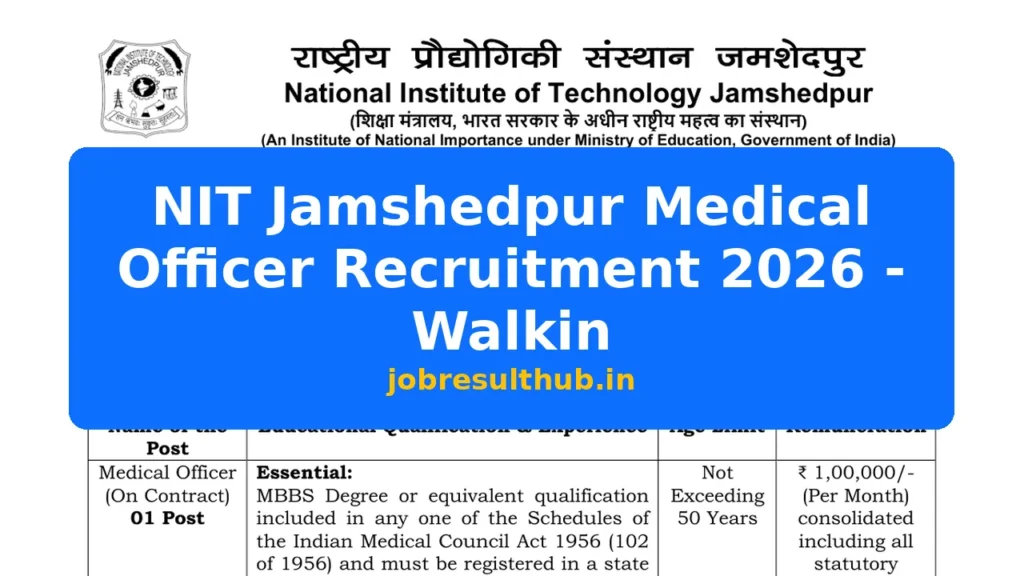 NIT Jamshedpur Medical Officer Recruitment 2026 - Walkin - 2026 Posts
