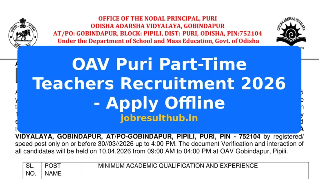 OAV Puri Part-Time Teachers Recruitment 2026 - Apply Offline - 2026 Posts