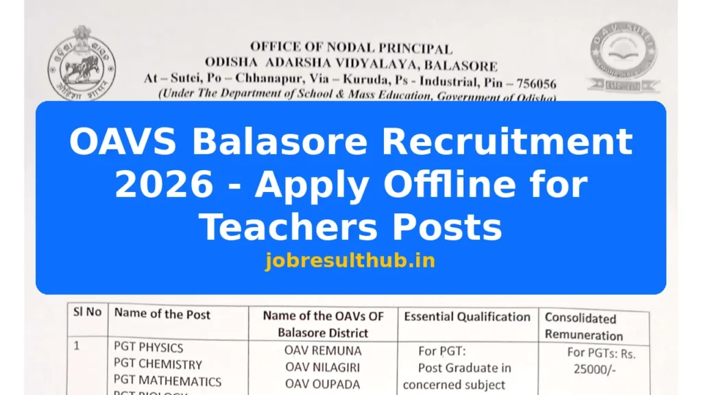OAVS Balasore Recruitment 2026 - Apply Offline for Teachers Posts - 2026 Posts