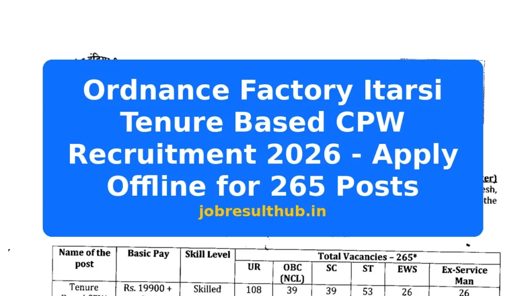 Ordnance Factory Itarsi Tenure Based CPW Recruitment 2026 - Apply Offline for 265 Posts - 2026 Posts