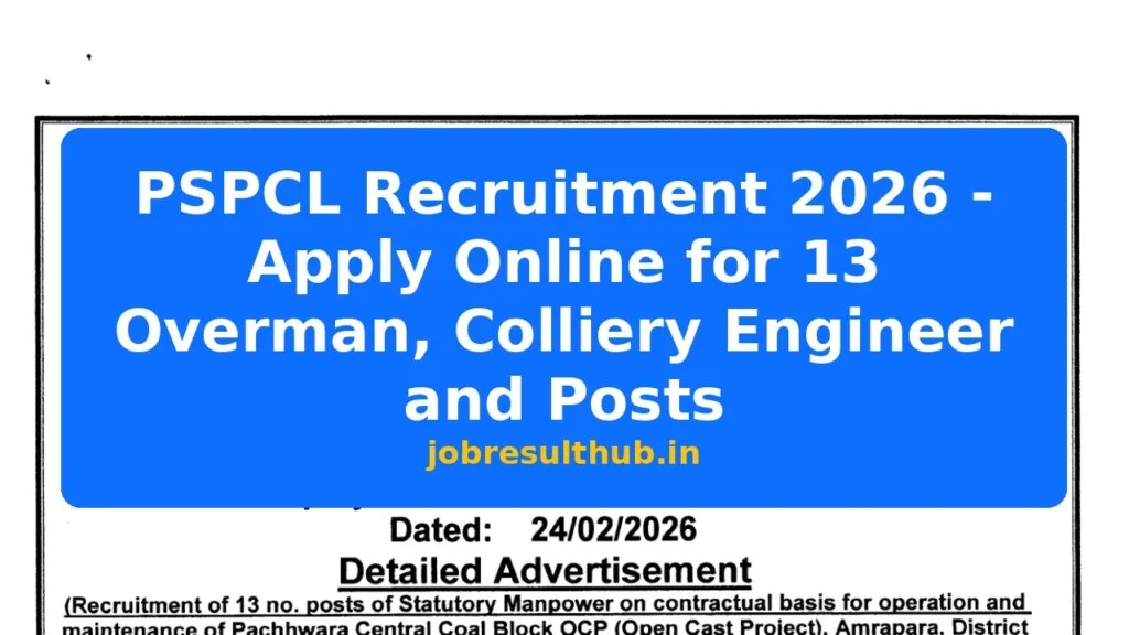 PSPCL Recruitment 2026 - Apply Online for 13 Overman, Colliery Engineer and Posts - 2026 Posts