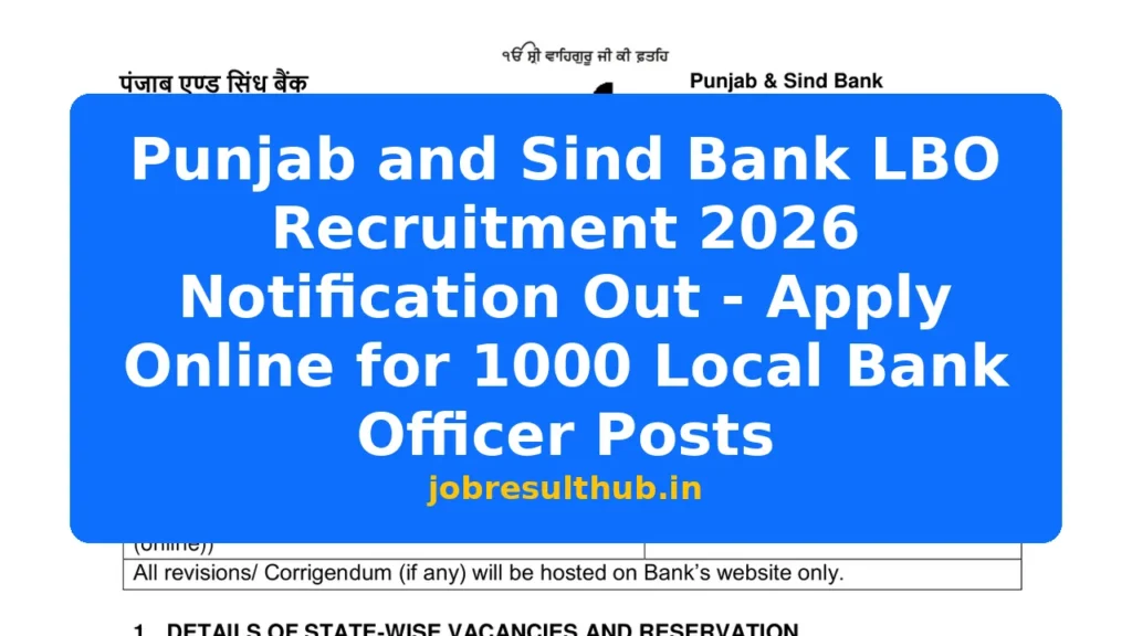 Punjab and Sind Bank LBO Recruitment 2026 Notification Out - Apply Online for 1000 Local Bank Officer Posts - 1000 Posts