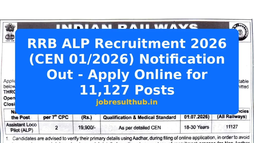 RRB ALP Recruitment 2026 (CEN 01/2026) Notification Out - Apply Online for 11,127 Posts - 2026 Posts