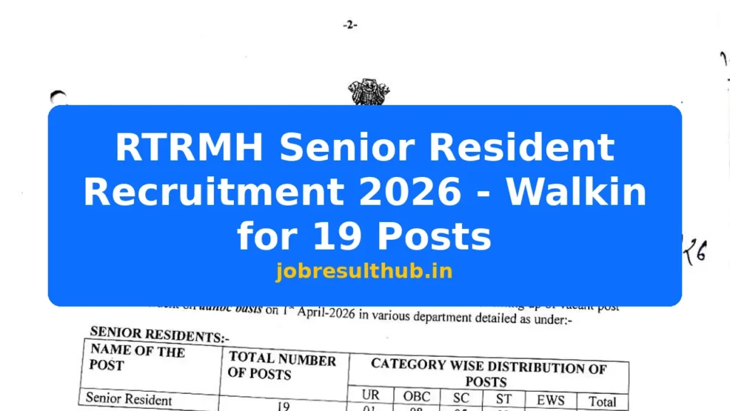 RTRMH Senior Resident Recruitment 2026 - Walkin for 19 Posts - 2026 Posts