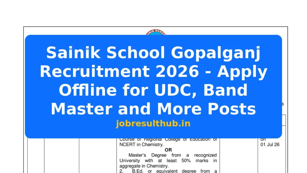 Sainik School Gopalganj Recruitment 2026 - Apply Offline for UDC, Band Master and More Posts - 2026 Posts