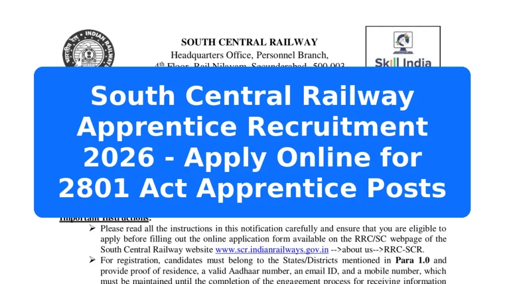 South Central Railway Apprentice Recruitment 2026 - Apply Online for 2801 Act Apprentice Posts Featured Image