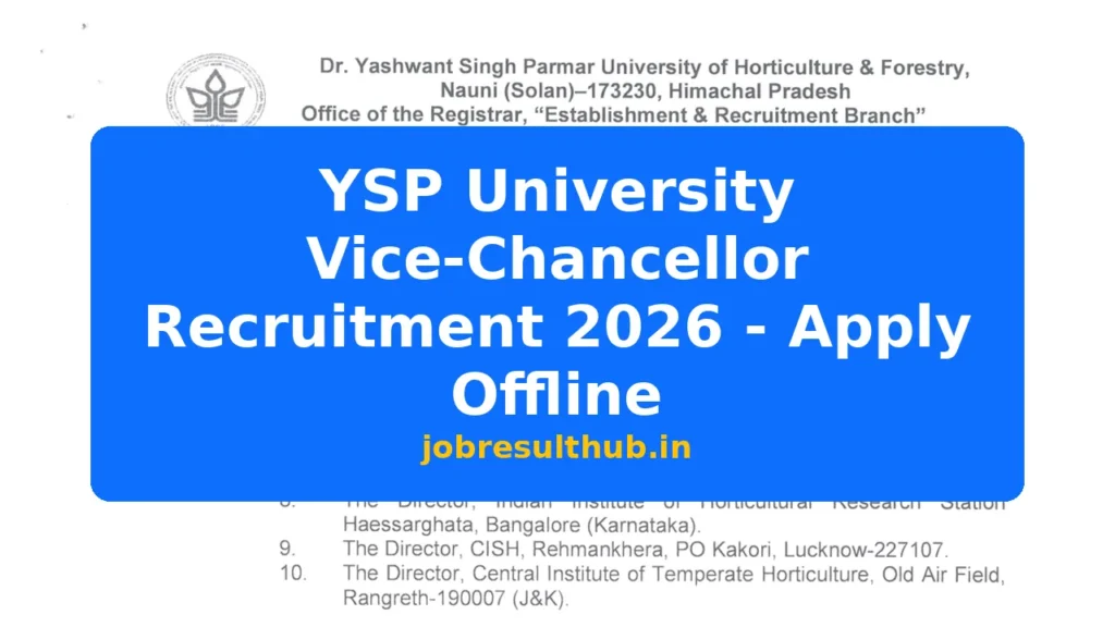 YSP University Vice-Chancellor Recruitment 2026 - Apply Offline - 2026 Posts
