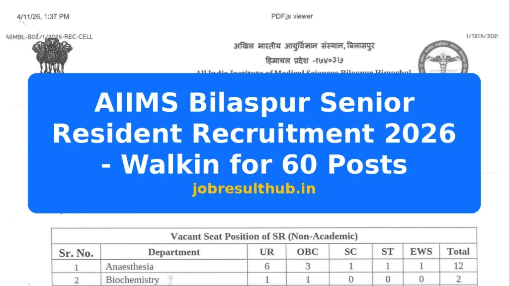 AIIMS Bilaspur Senior Resident Recruitment 2026 - Walkin for 60 Posts - 2026 Posts