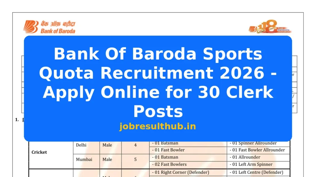 Bank Of Baroda Sports Quota Recruitment 2026 - Apply Online for 30 Clerk Posts - 30 Posts