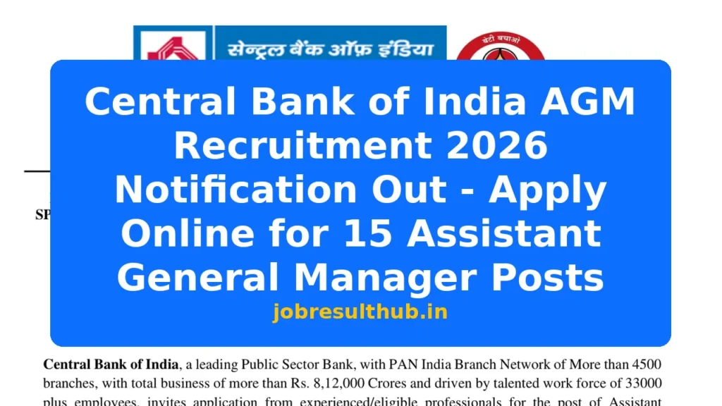 Central Bank of India AGM Recruitment 2026 Notification Out - Apply Online for 15 Assistant General Manager Posts - 2026 Posts