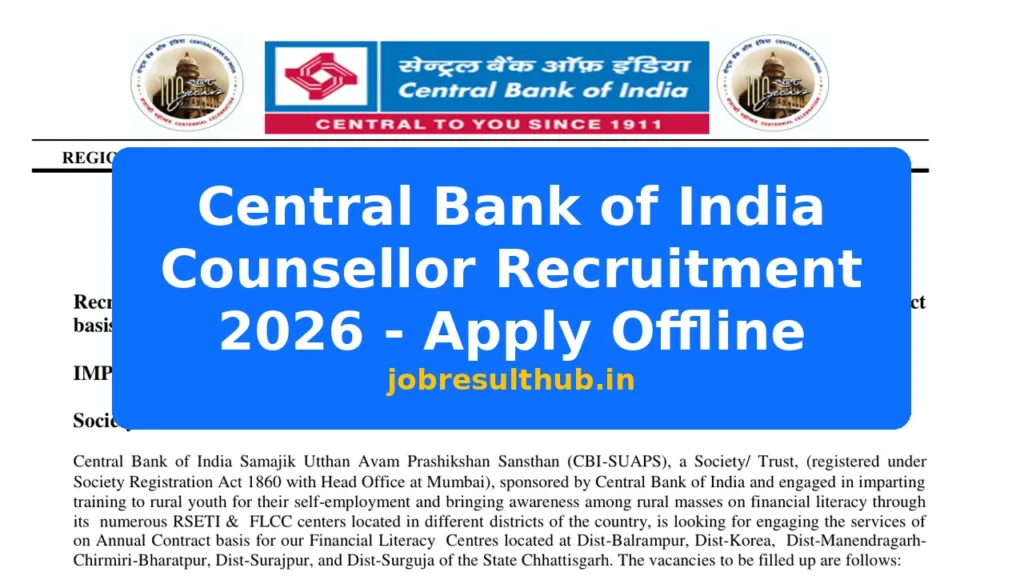 Central Bank of India Counsellor Recruitment 2026 - Apply Offline - 2026 Posts