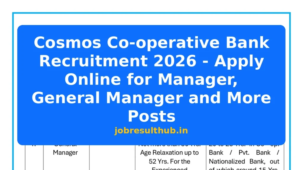 Cosmos Co-operative Bank Recruitment 2026 - Apply Online for Manager, General Manager and More Posts - 2026 Posts