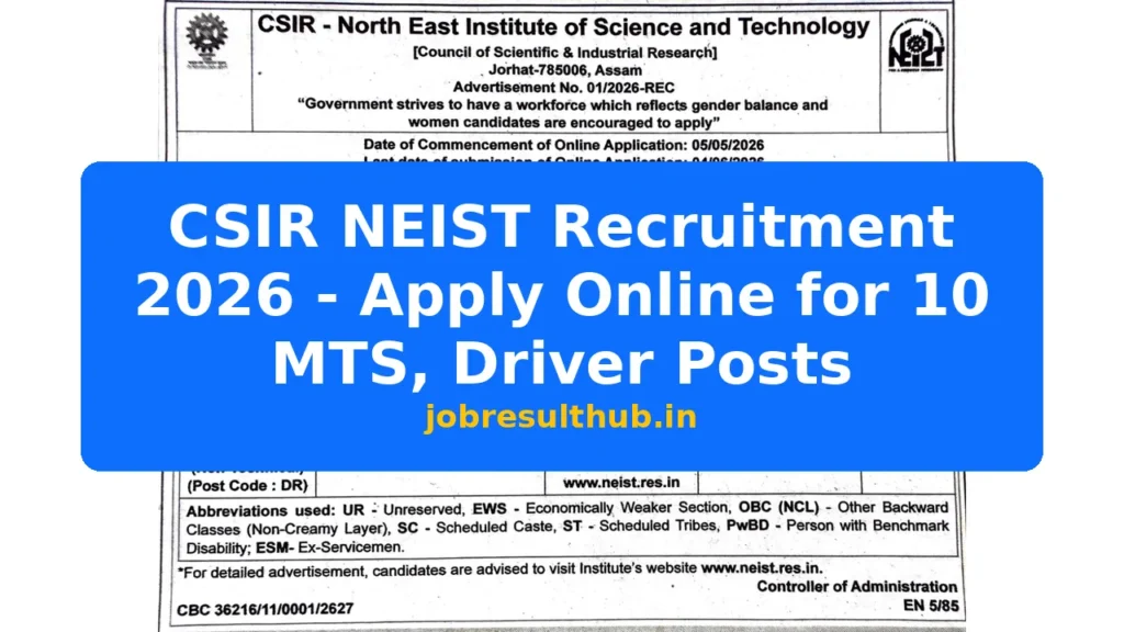CSIR NEIST Recruitment 2026 - Apply Online for 10 MTS, Driver Posts - 2026 Posts
