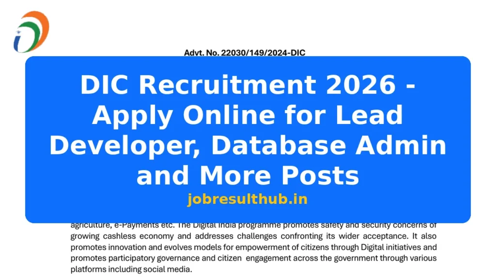 DIC Recruitment 2026 - Apply Online for Lead Developer, Database Admin and More Posts - 2026 Posts