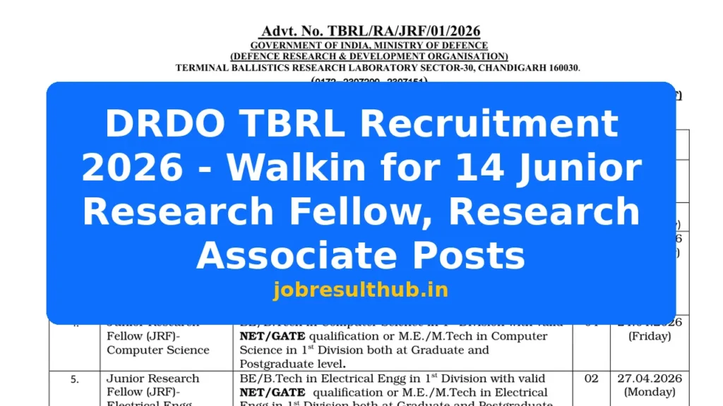 DRDO TBRL Recruitment 2026 - Walkin for 14 Junior Research Fellow, Research Associate Posts - 2026 Posts