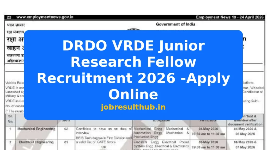 DRDO VRDE Junior Research Fellow Recruitment 2026 -Apply Online - 2026 Posts