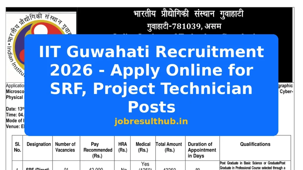 IIT Guwahati Recruitment 2026 - Apply Online for SRF, Project Technician Posts - 2026 Posts