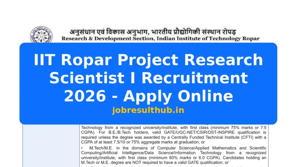 IIT Ropar Project Research Scientist I Recruitment 2026 - Apply Online - 2026 Posts
