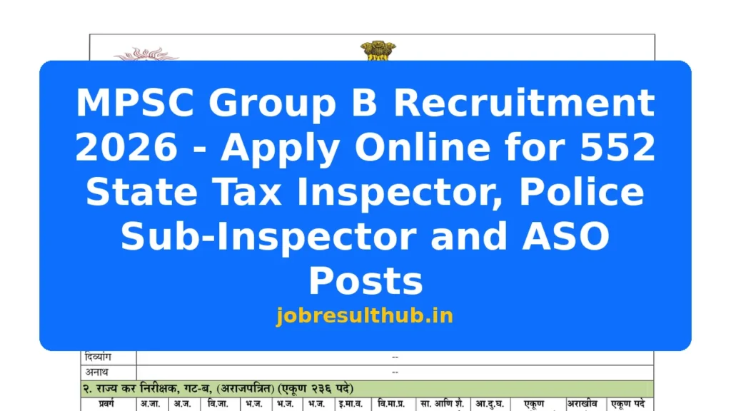 MPSC Group B Recruitment 2026 - Apply Online for 552 State Tax Inspector, Police Sub-Inspector and ASO Posts - 2026 Posts