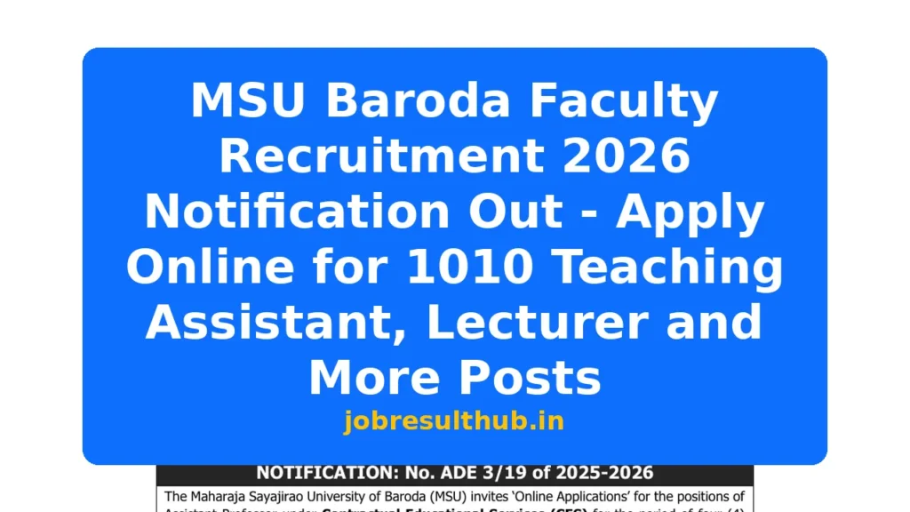 MSU Baroda Faculty Recruitment 2026 Notification Out - Apply Online for 1010 Teaching Assistant, Lecturer and More Posts - 2026 Posts