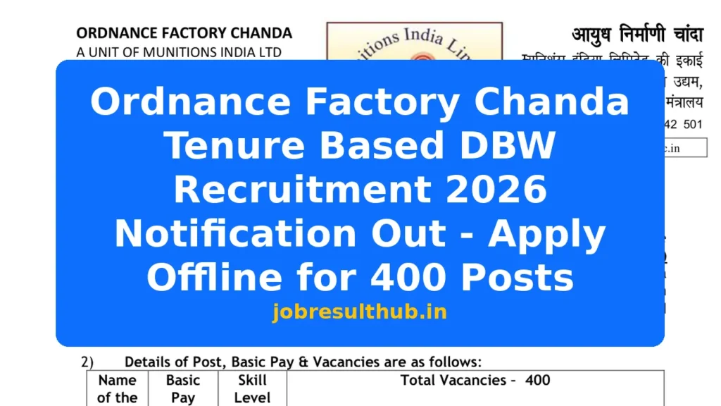 Ordnance Factory Chanda Tenure Based DBW Recruitment 2026 Notification Out - Apply Offline for 400 Posts - 2026 Posts
