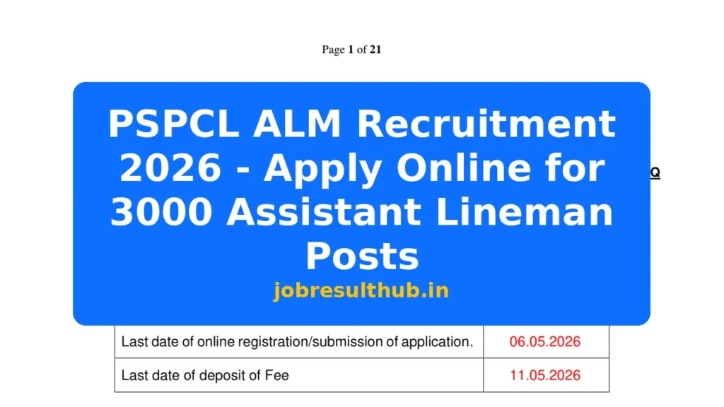PSPCL ALM Recruitment 2026 - Apply Online for 3000 Assistant Lineman Posts - 2026 Posts