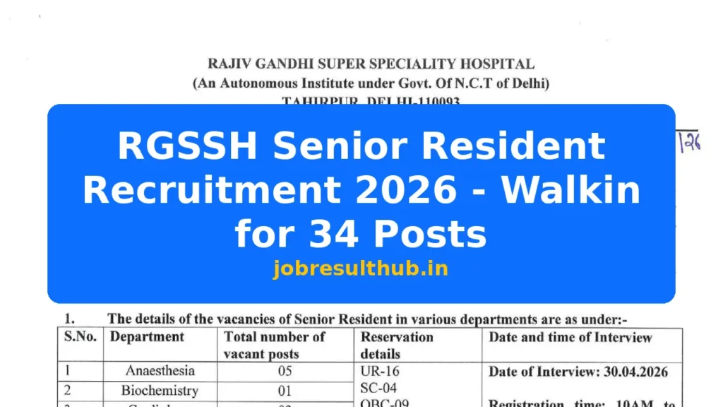 RGSSH Senior Resident Recruitment 2026 - Walkin for 34 Posts - 2026 Posts
