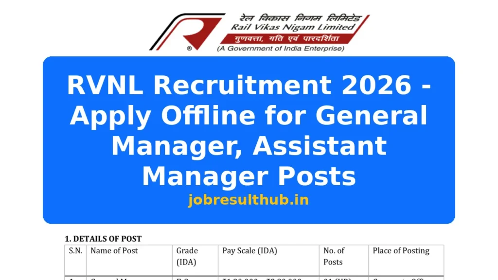 RVNL Recruitment 2026 - Apply Offline for General Manager, Assistant Manager Posts - 2026 Posts