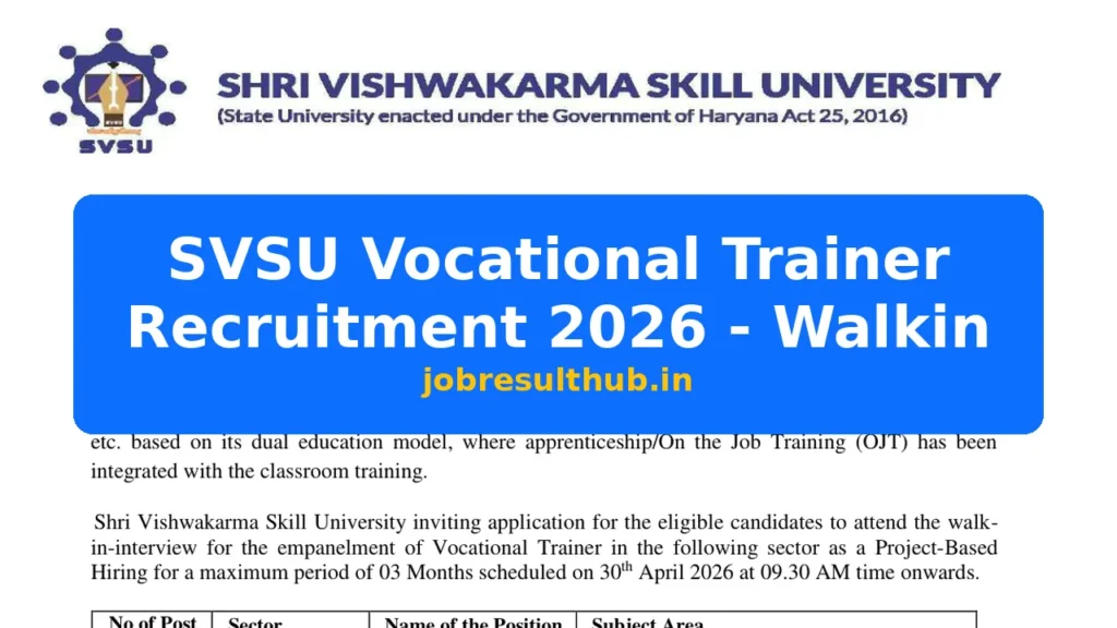 SVSU Vocational Trainer Recruitment 2026 - Walkin - 2026 Posts