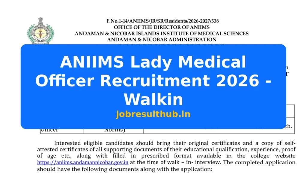 ANIIMS Lady Medical Officer Recruitment 2026 - Walkin - 2026 Posts