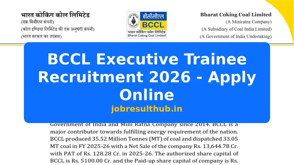 BCCL Executive Trainee Recruitment 2026 - Apply Online - 2026 Posts