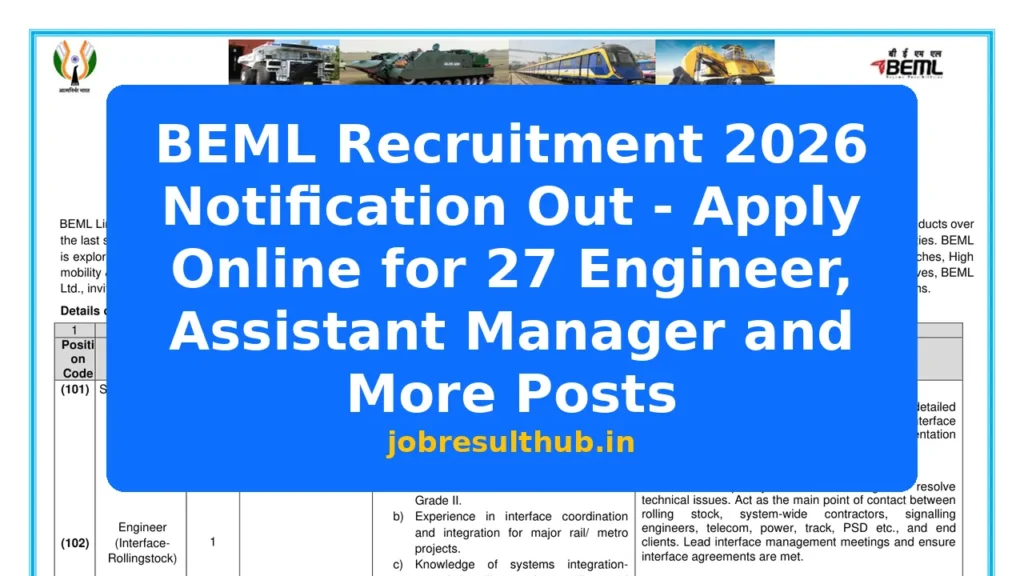 BEML Recruitment 2026 Notification Out - Apply Online for 27 Engineer, Assistant Manager and More Posts - 27 Posts