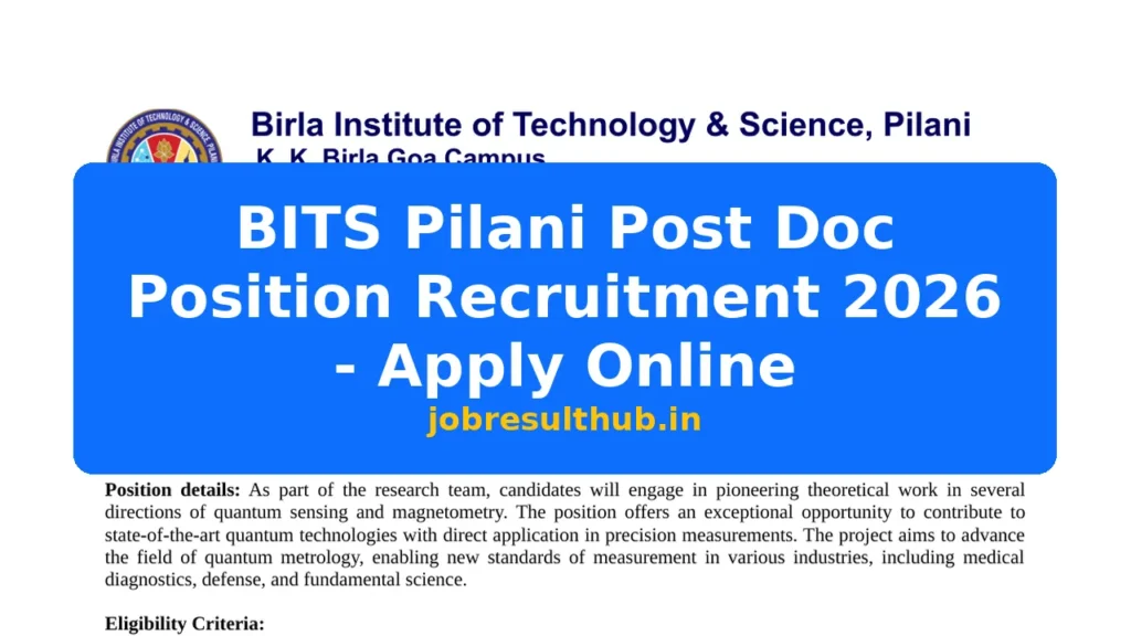 BITS Pilani Post Doc Position Recruitment 2026 - Apply Online - 2026 Posts