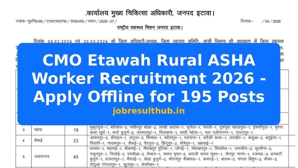 CMO Etawah Rural ASHA Worker Recruitment 2026 - Apply Offline for 195 Posts - 2026 Posts