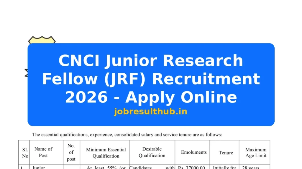 CNCI Junior Research Fellow (JRF) Recruitment 2026 - Apply Online - 2026 Posts