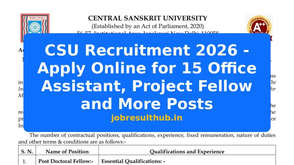 CSU Recruitment 2026 - Apply Online for 15 Office Assistant, Project Fellow and More Posts - 2026 Posts