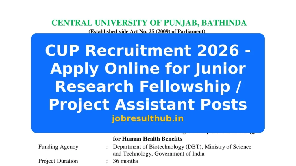CUP Recruitment 2026 - Apply Online for Junior Research Fellowship / Project Assistant Posts - 2026 Posts